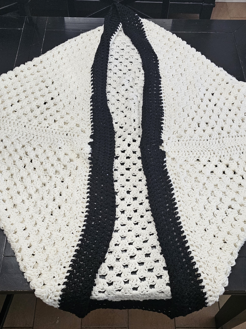 Handmade White and Black Crochet Open-Front Women's Sweater